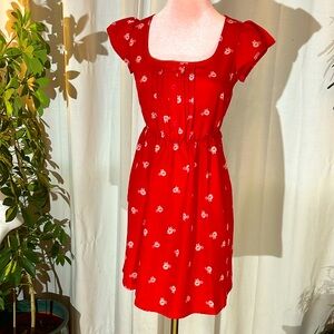 Red cap sleeve dress with bicycle print, XS